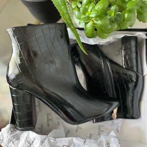 Black Crocodile-Embossed High Heel Booties